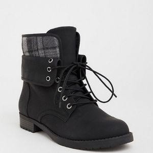 Faux Leather Foldover Combat Ankle Boots